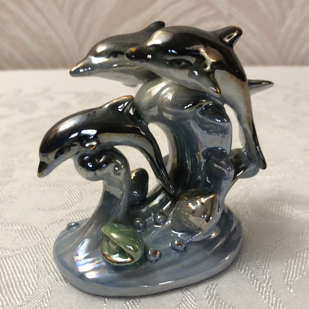 Vintage Leaping dolphins porcelain Japan with shells, waves and beach Norleans